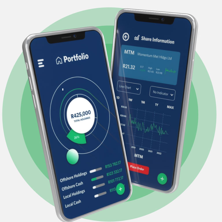 Two cell phone screens displaying different views, one showing your portfolio summary and the other the details of the portfolio and shares information.